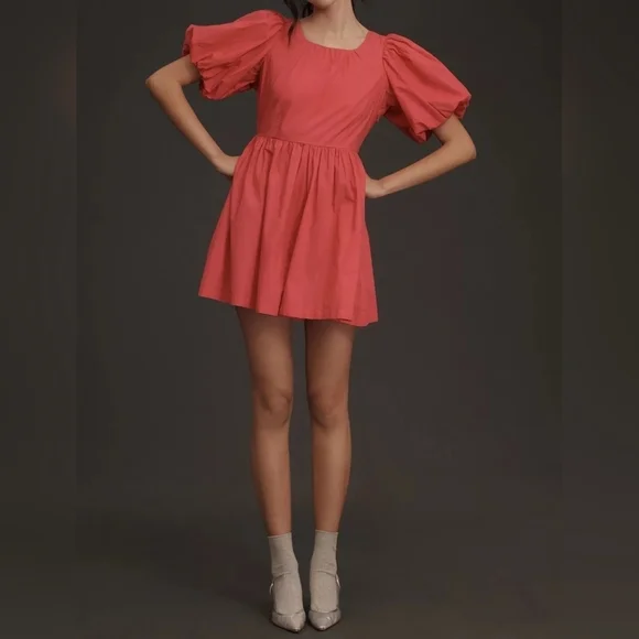 By Anthropologie Women's Puff-Sleeve Romper w Pockets, Fuchsia Hot Pink - Picture 2 of 13